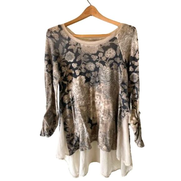 Tempo Paris Blouse SMALL Flowery Print Bohemian Hippie Top Neutral Flowers Tan - Picture 1 of 9